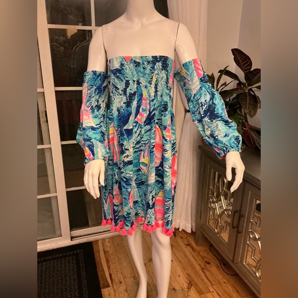 Lilly Pulitzer Trina Beach Mini Dress Tropical Print Pom Pom Detail Woman Large - Picture 5 of 15
